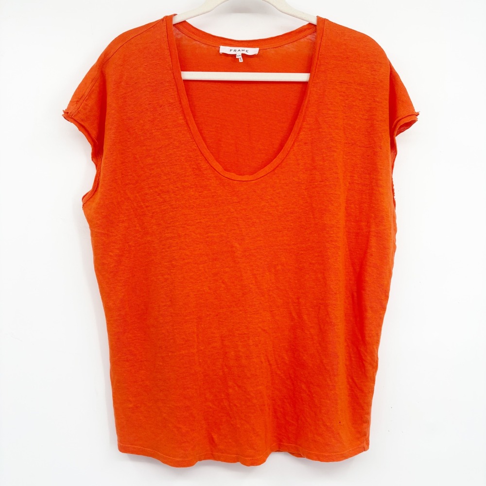 FRAME Womens Orange Organic Linen Scoop Neck Relaxed Cap Sleeve Basic Tee Size M
